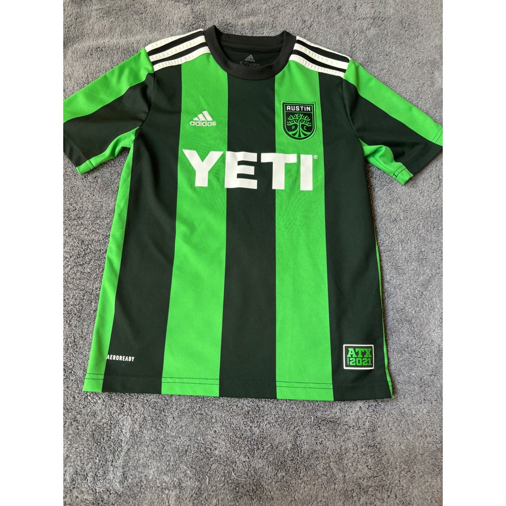 Adidas Austin FC Youth Jersey Green Black Striped Soccer Shirt Size M 11-12Y